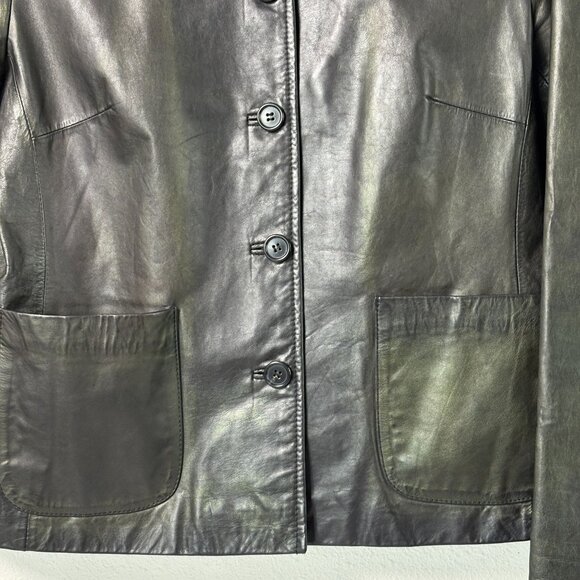 J Crew Leather Jacket Womens S Black Green Iridescent Button Front Pockets - Picture 3 of 11